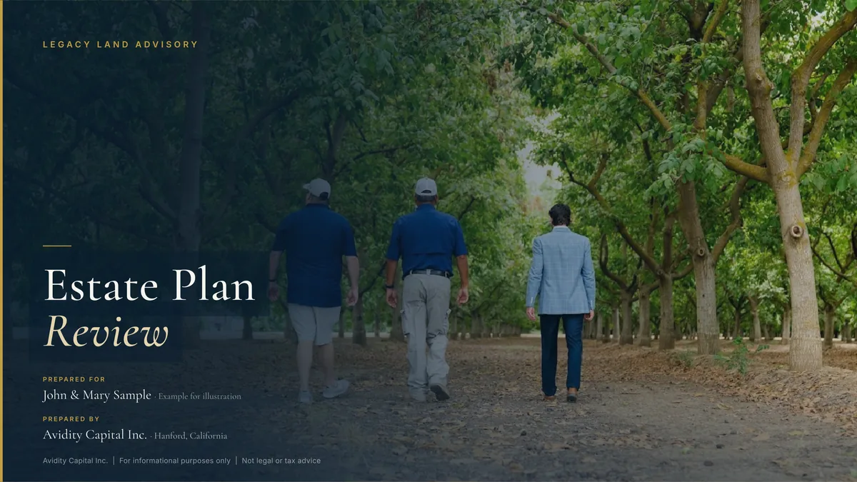 Cover of a sample Estate Plan Review prepared by Avidity Capital, marked as an example for illustration